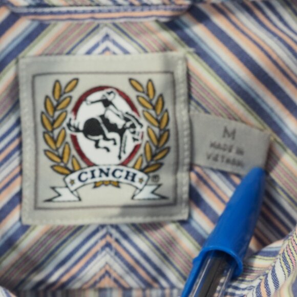 Cinch Shirt Mens Medium Blue Pink Stripe Pearl Snap Western Cowboy Rancher Rodeo - Picture 3 of 9